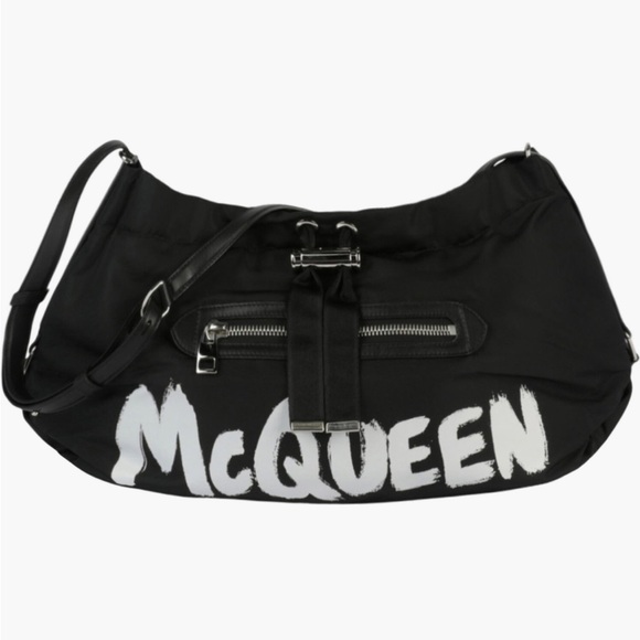 Alexander McQueen Large Black Hobo Bag with White Graffiti Logo - Picture 1 of 13